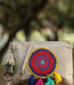 Anekaant boho natural & multi crochet embellished cotton canvas sling bag