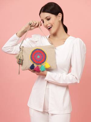 Anekaant boho natural & multi crochet embellished cotton canvas sling bag 2