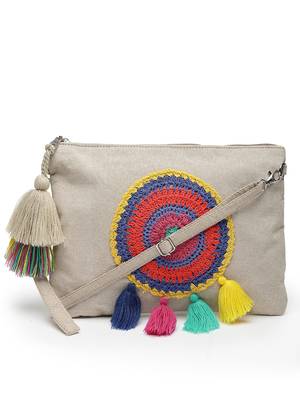 Anekaant boho natural & multi crochet embellished cotton canvas sling bag 3