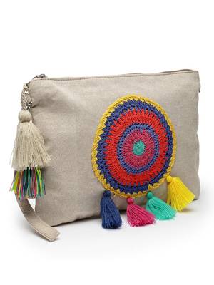 Anekaant boho natural & multi crochet embellished cotton canvas sling bag 5