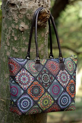 mandala multicolor printed cotton canvas tote bag