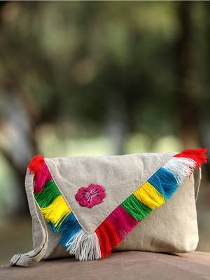 boho natural & multi floral embroidered cotton canvas sling bag 1