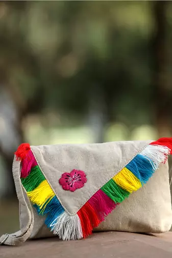 boho natural & multi floral embroidered cotton canvas sling bag