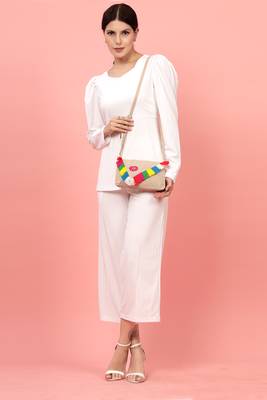 boho natural & multi floral embroidered cotton canvas sling bag 2