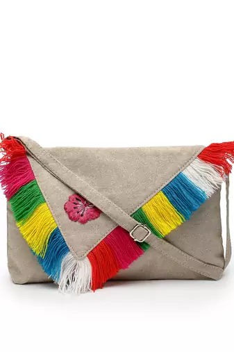 boho natural & multi floral embroidered cotton canvas sling bag
