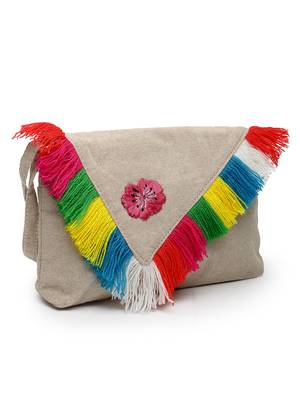 boho natural & multi floral embroidered cotton canvas sling bag 5