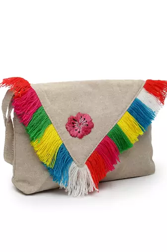 boho natural & multi floral embroidered cotton canvas sling bag