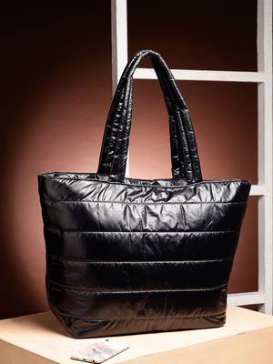 uno black striped quilted polyester tote bag 1