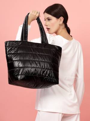 uno black striped quilted polyester tote bag 2