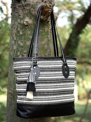 geomat black & white striped cotton jacquard tote bag 1