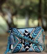 kooky turquoise blue & silver geometric embellished cotton canvas sling bag
