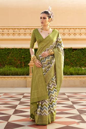 Silk Blend Olive Foil Print Classic Saree