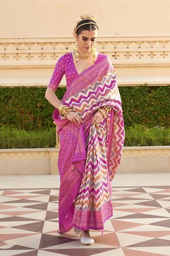 Silk Blend Magenta Foil Print Contemporary Saree
