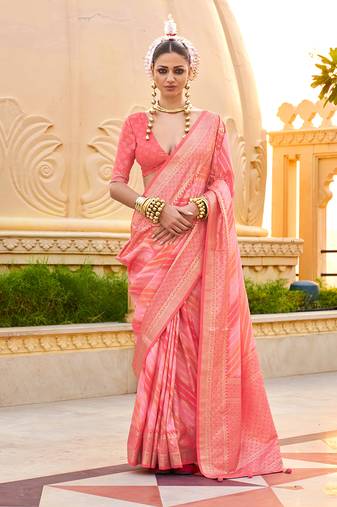 Foil Print Peach Silk blend Ceremonial Saree