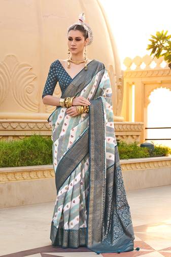 Saree Foil Print Silk Blend In Teal