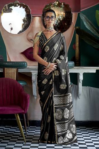 Pure Satin Silk Black Weaving Zari Contemporary Saree