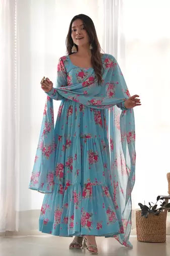 Soft Fox Georgette Floral Print Fabric Fully Flair Anarkali Kurti With Dupatta And Pent