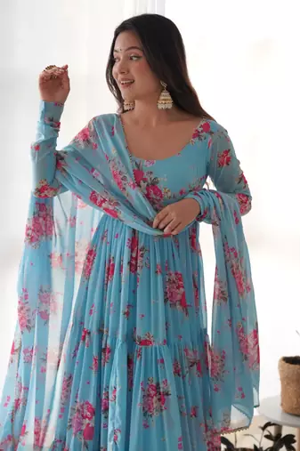 Soft Fox Georgette Floral Print Fabric Fully Flair Anarkali Kurti With Dupatta And Pent
