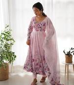 Soft Organza Floral Print Fabric Padded With Side Zipper Attached Fully Flair Anarkali Kurti With Dupatta And Pent