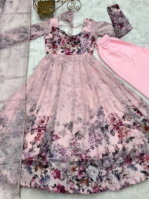 Soft Organza Floral Print Fabric Padded With Side Zipper Attached Fully Flair Anarkali Kurti With Dupatta And Pent 6