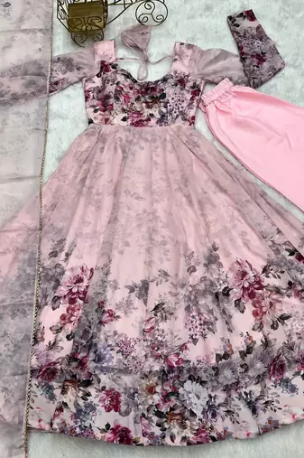 Soft Organza Floral Print Fabric Padded With Side Zipper Attached Fully Flair Anarkali Kurti With Dupatta And Pent