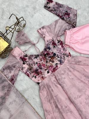 Soft Organza Floral Print Fabric Padded With Side Zipper Attached Fully Flair Anarkali Kurti With Dupatta And Pent 7