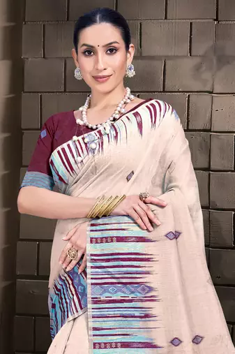 Sangam Prints Cream Cotton Woven Work Festival Saree