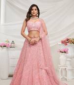 Pink Embroidered Net Lehenga Choli Set With Dupatta