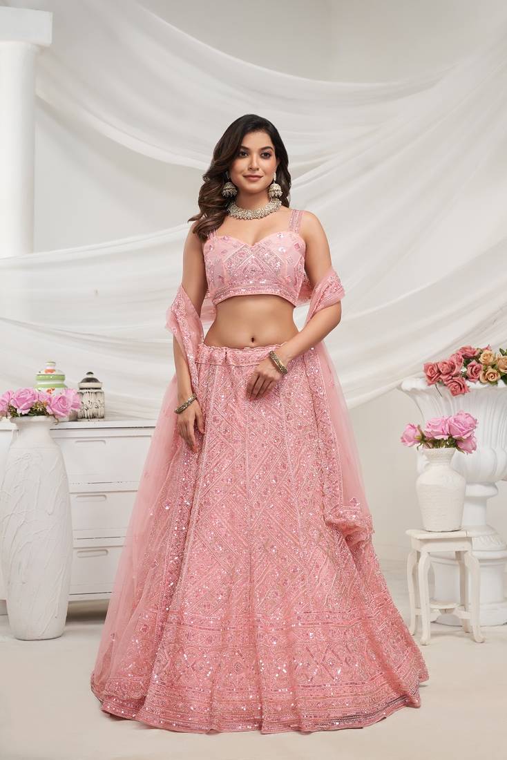 Pink Embroidered Net Lehenga Choli Set With Dupatta