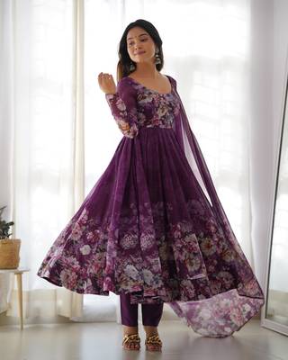 Soft Organza Silk Fabric Fully Flair Kali Pattern With Canvas Patta Attached Padded And Zipper Gown Dupatta And Pent 1