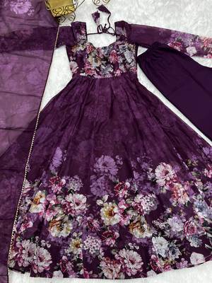 Soft Organza Silk Fabric Fully Flair Kali Pattern With Canvas Patta Attached Padded And Zipper Gown Dupatta And Pent 6