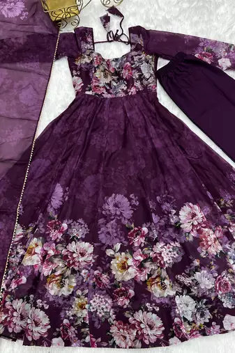 Soft Organza Silk Fabric Fully Flair Kali Pattern With Canvas Patta Attached Padded And Zipper Gown Dupatta And Pent