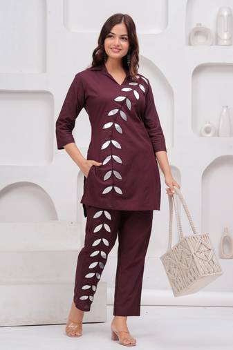 Wine embellished cotton co-ord set