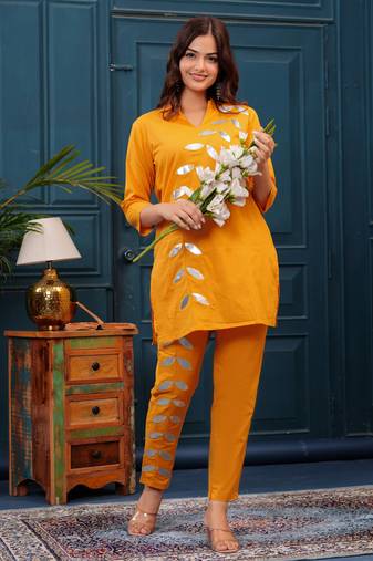 Mustard embellished cotton co-ord set