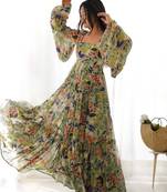 Digital Printed Georgette Gown In Olive Green