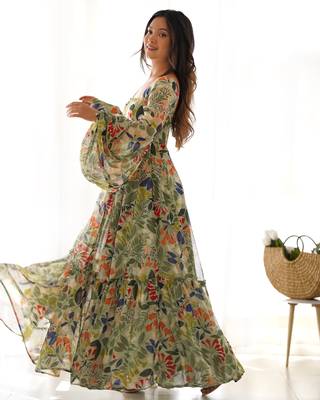 Digital Printed Georgette Gown In Olive Green 4