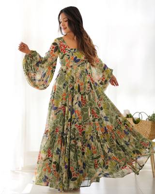 Digital Printed Georgette Gown In Olive Green 5