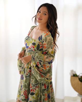Digital Printed Georgette Gown In Olive Green 8