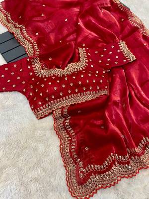 Red Color Pure Soft Zimmy Choo Silk Fabric On Beautiful C-Pallu Embroidery 3 Mm Sequences Work In Saree With  Blouse 1