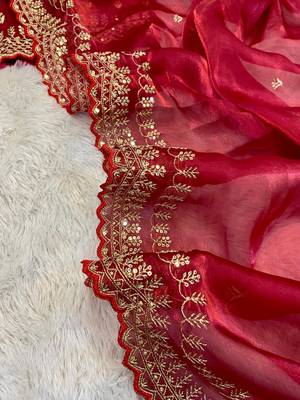 Red Color Pure Soft Zimmy Choo Silk Fabric On Beautiful C-Pallu Embroidery 3 Mm Sequences Work In Saree With  Blouse 4
