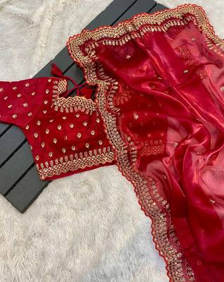 Red Color Pure Soft Zimmy Choo Silk Fabric On Beautiful C-Pallu Embroidery 3 Mm Sequences Work In Saree With  Blouse 5