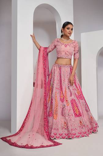 Pink Embroidered Net Lehenga Choli Set With Dupatta