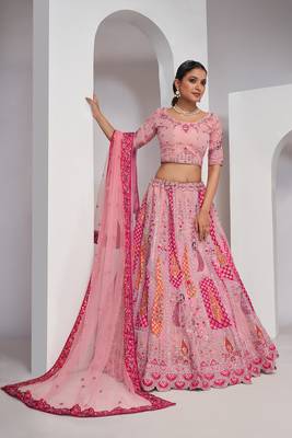 Pink Embroidered Net Lehenga Choli Set With Dupatta 1