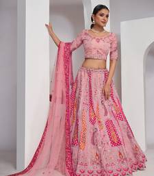 Pink Embroidered Net Lehenga Choli Set With Dupatta