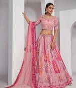 Pink Embroidered Net Lehenga Choli Set With Dupatta