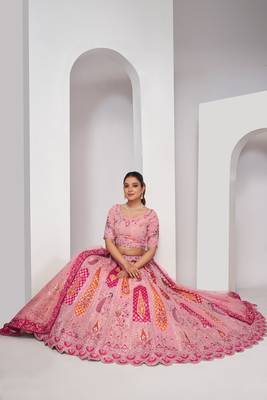 Pink Embroidered Net Lehenga Choli Set With Dupatta 2