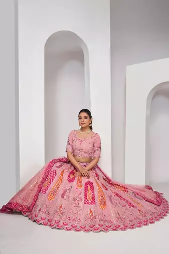 Pink Embroidered Net Lehenga Choli Set With Dupatta