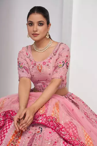 Pink Embroidered Net Lehenga Choli Set With Dupatta