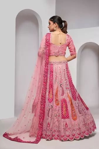 Pink Embroidered Net Lehenga Choli Set With Dupatta