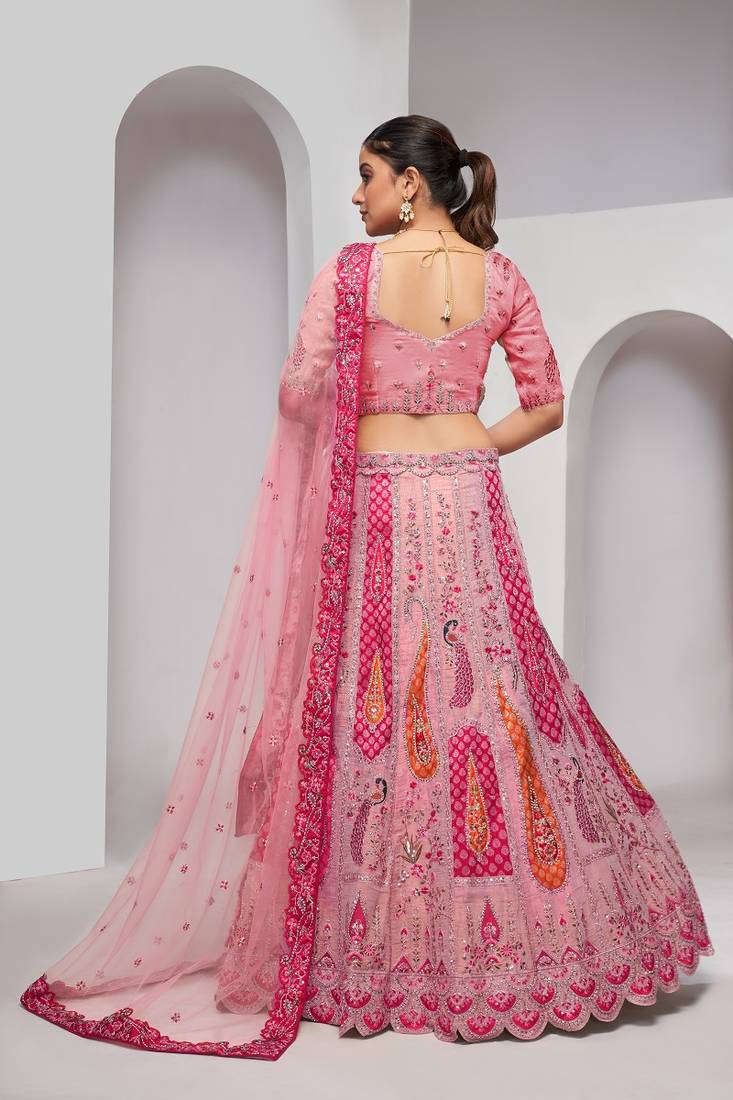 Pink Embroidered Net Lehenga Choli Set With Dupatta